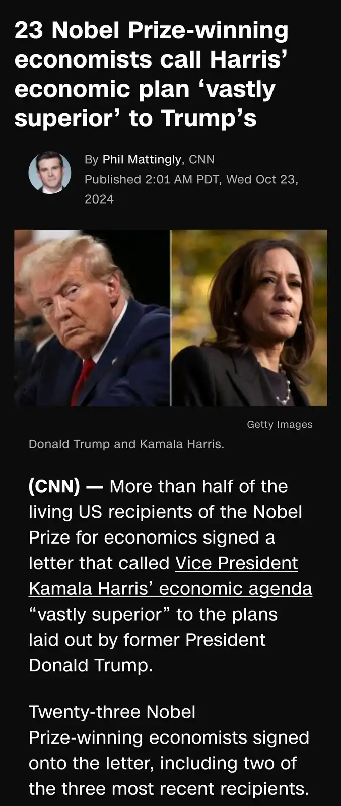 The image displays a mock CNN news article with a headline claiming 23 Nobel Prize-winning economists deem Kamala Harris's…