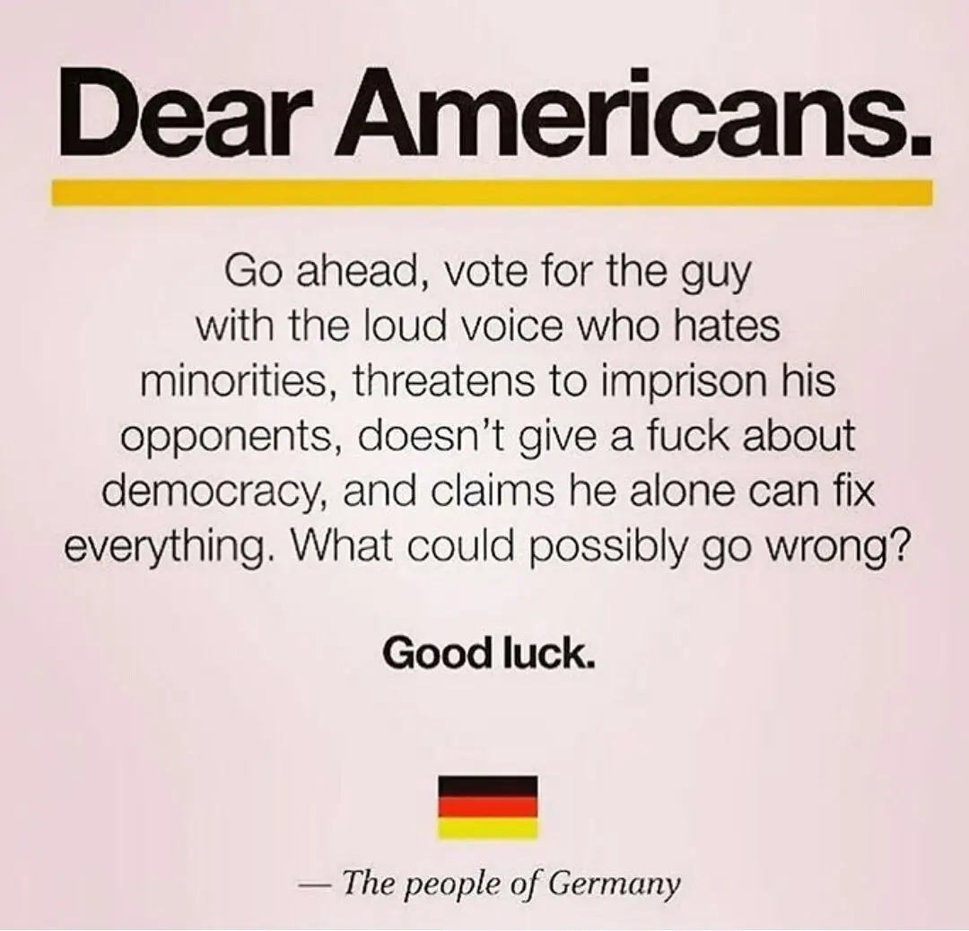 A pink background image displays bold black text mimicking a letter, addressed to 'Dear Americans,' advising them to vote…