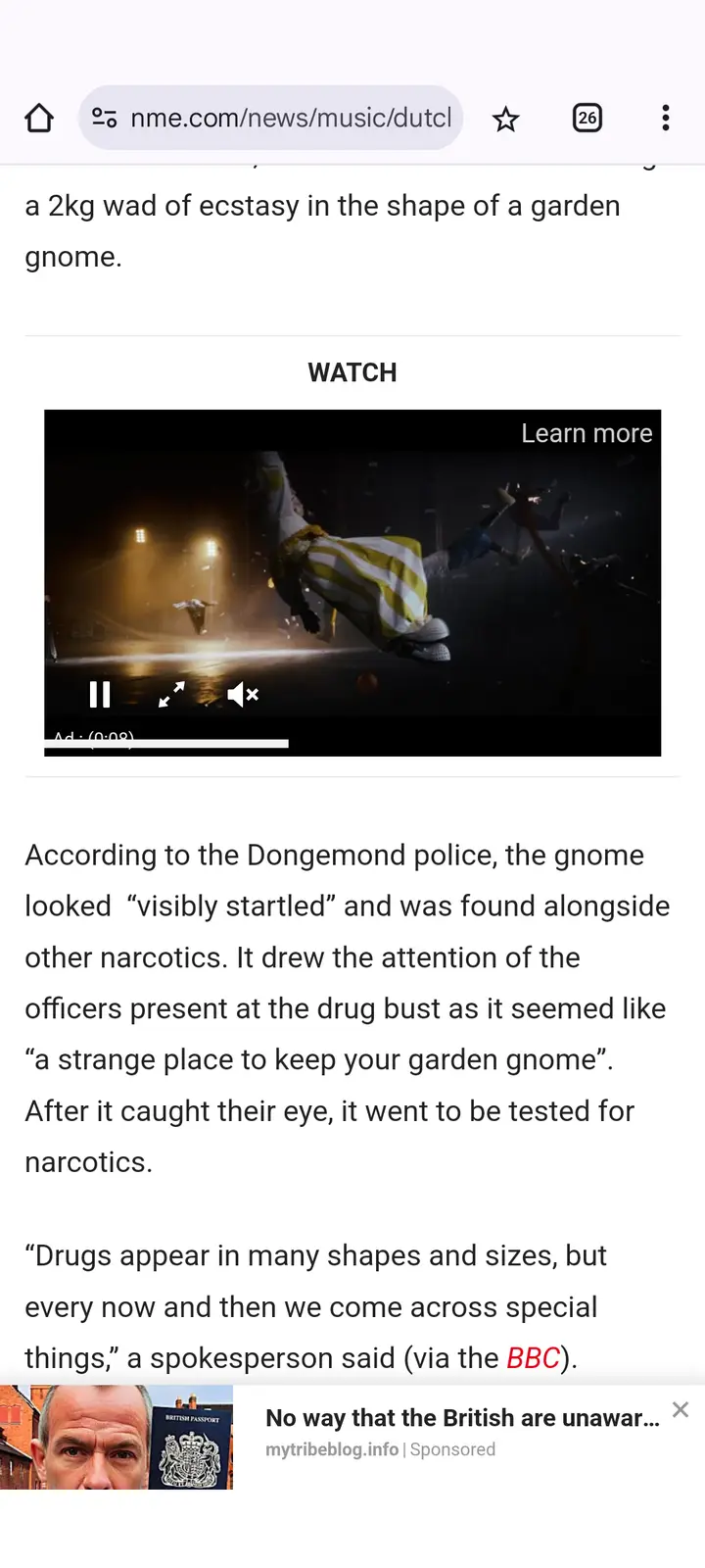 The image shows a screenshot of a news article from nme.com about a 2kg ecstasy bust shaped like a garden gnome, found…