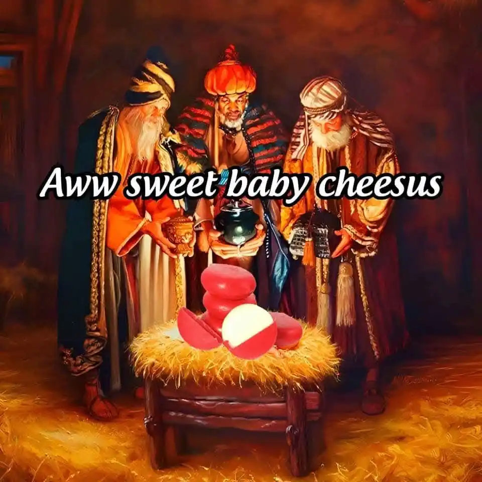 Three men in robes, resembling the biblical Magi, are bowing before a manger containing a stack of red and white cheese…