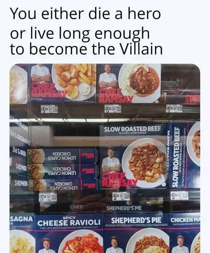 A grocery store freezer aisle displays multiple Chef Ramsay frozen meal boxes, including 'Slow Roasted Beef', 'Shepherd's…