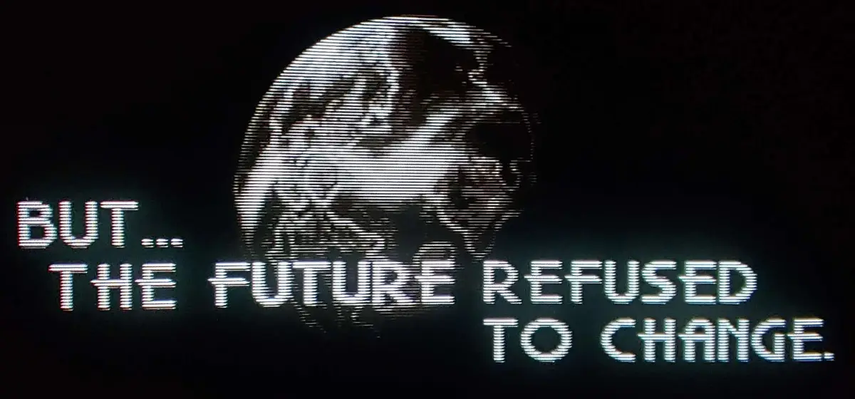 A black-and-white, pixelated image shows a stylized globe against a dark background, with bold, blocky text overlaid that…
