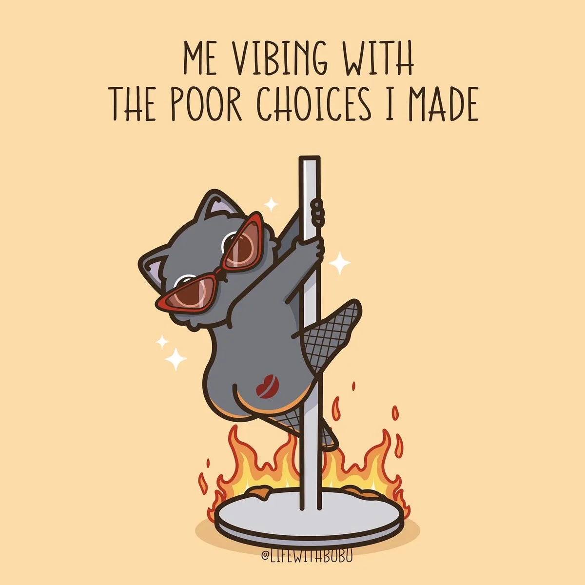A cartoon gray cat wearing red sunglasses and fishnet stockings is dancing on a pole surrounded by flames, with the text 'ME…
