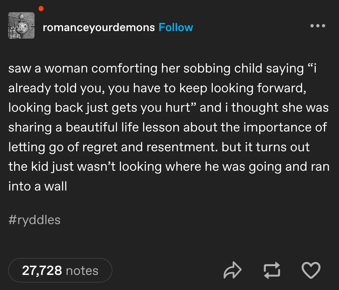 A screenshot of a Tumblr post by 'romanceyourdemons' describing a woman comforting a sobbing child while giving a life…