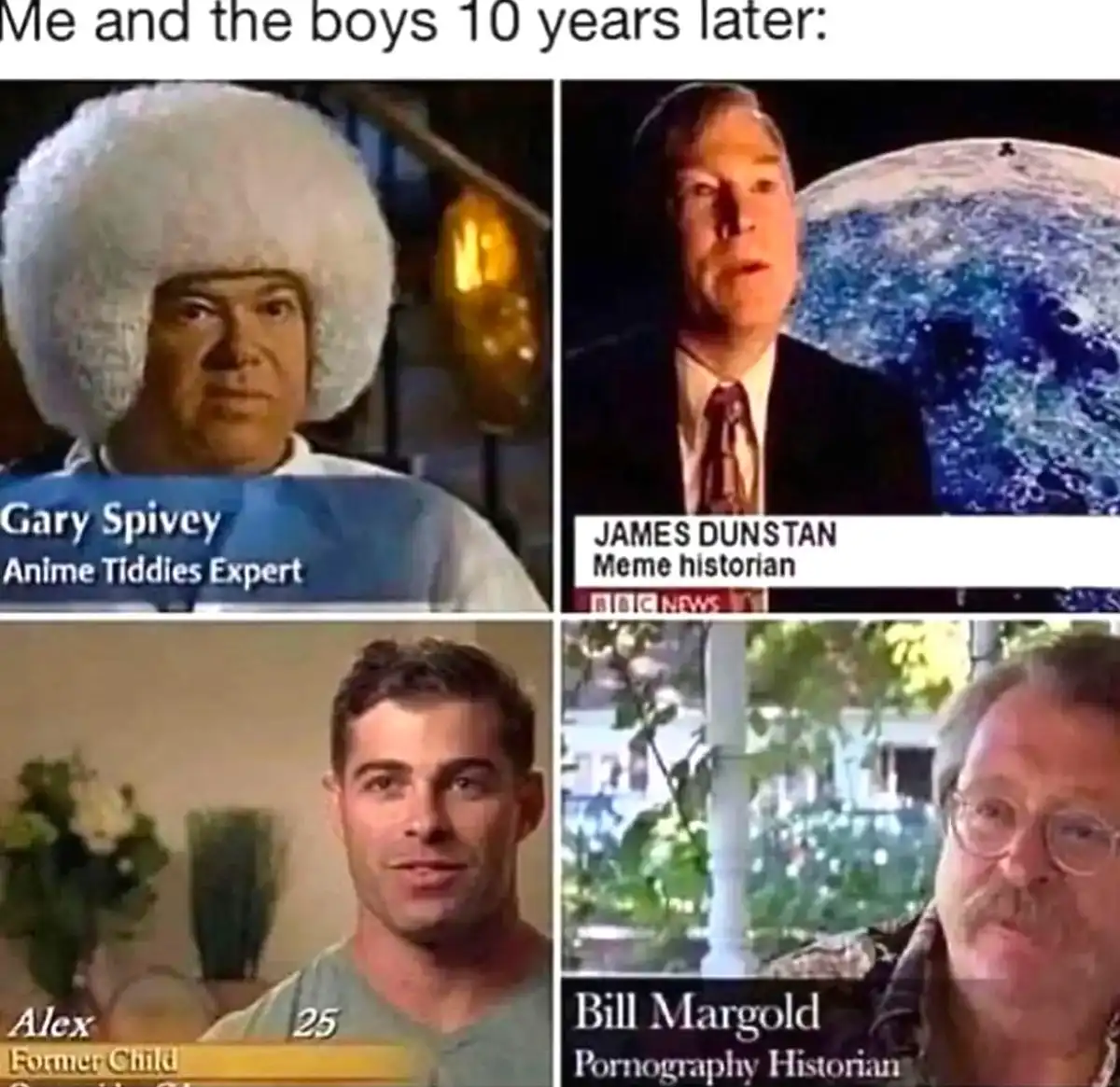 A four-panel image shows four men in interview-style setups, each with a humorous, fabricated title overlaid. Top left: a…