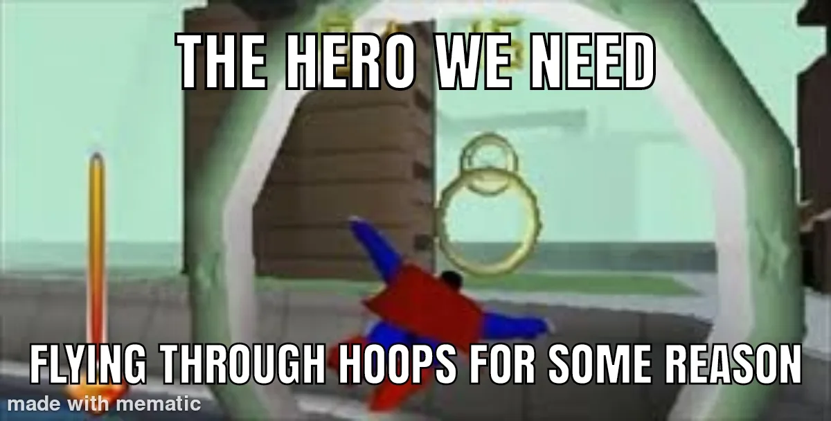 A screenshot from the video game 'Superman 64' shows Superman flying through a golden hoop in a bizarre, nonsensical manner…