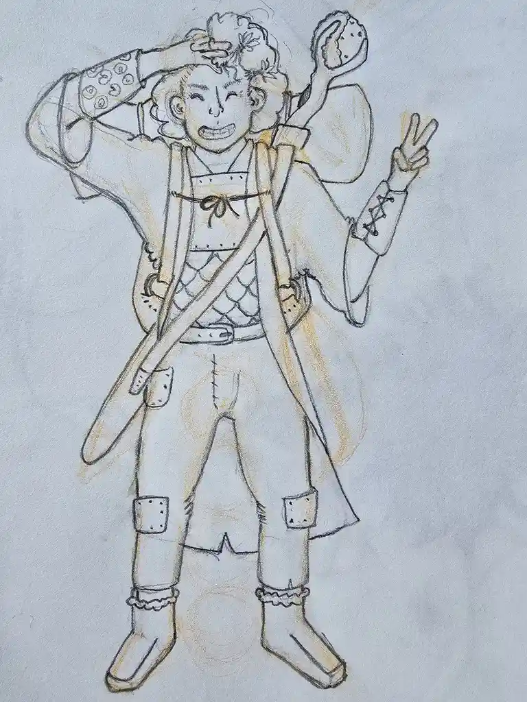 A hand-drawn sketch of a cheerful, curly-haired character in fantasy-style armor and a cape, holding a sandwich in one hand…