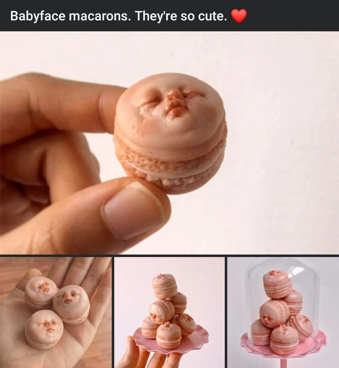 A collage of four images showing pink macarons with detailed baby-like faces sculpted into their tops. One image shows a…