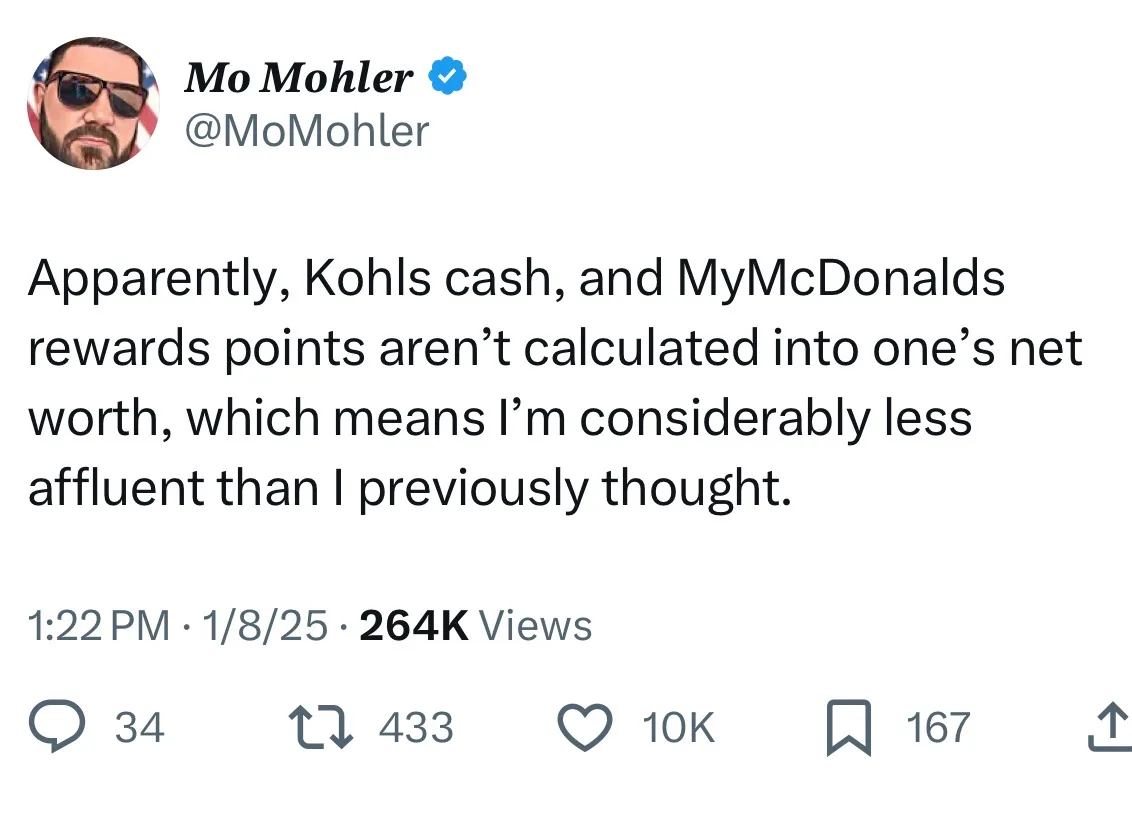 A screenshot of a tweet by Mo Mohler showing his profile picture and text stating that Kohls cash and MyMcDonalds rewards…