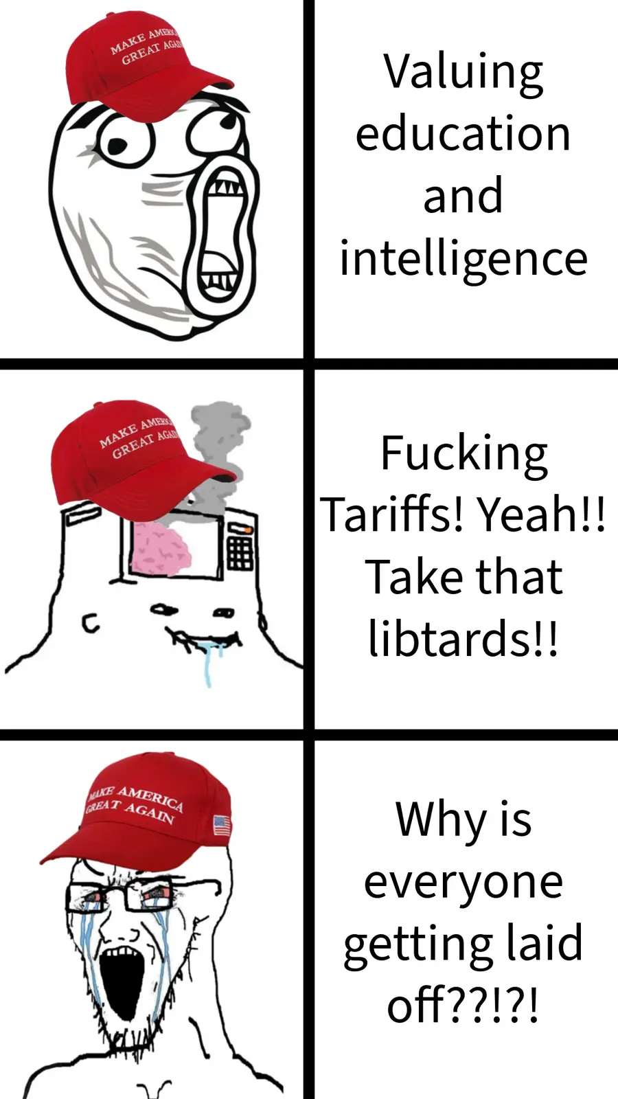 A three-panel meme featuring the 'Yelling Face' template. In the first panel, the character wears a red 'Make America Great…