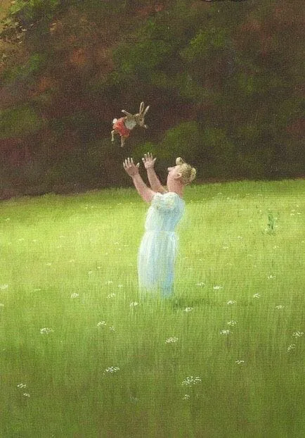 A painting depicts a young girl in a light blue dress standing in a grassy field, reaching up with both hands toward a small…