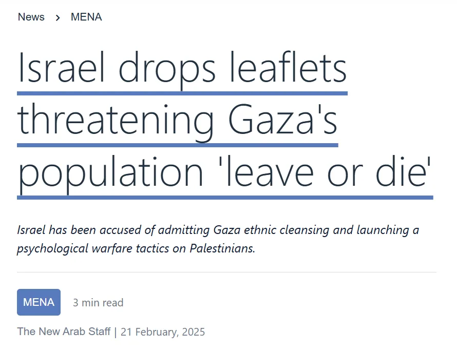 A screenshot of a news article headline from The New Arab dated February 21, 2025, under the MENA section, reads 'Israel…