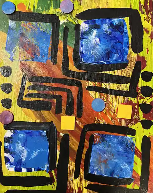 An abstract painting with a vibrant, textured background of yellow, green, orange, and red. Four large, black-outlined…