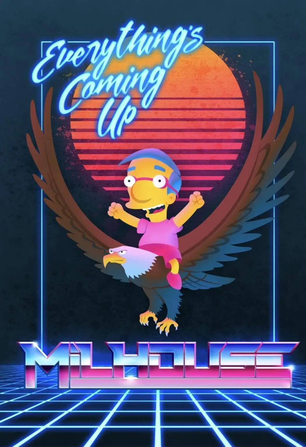 A cartoon character resembling Milhouse from The Simpsons, wearing a blue cap and pink shirt, is joyfully riding a bald…