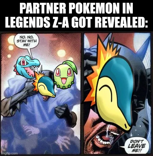 The image is a two-panel comic strip featuring Pokémon characters. In the left panel, a blue Pokémon (Piplup) and a green…