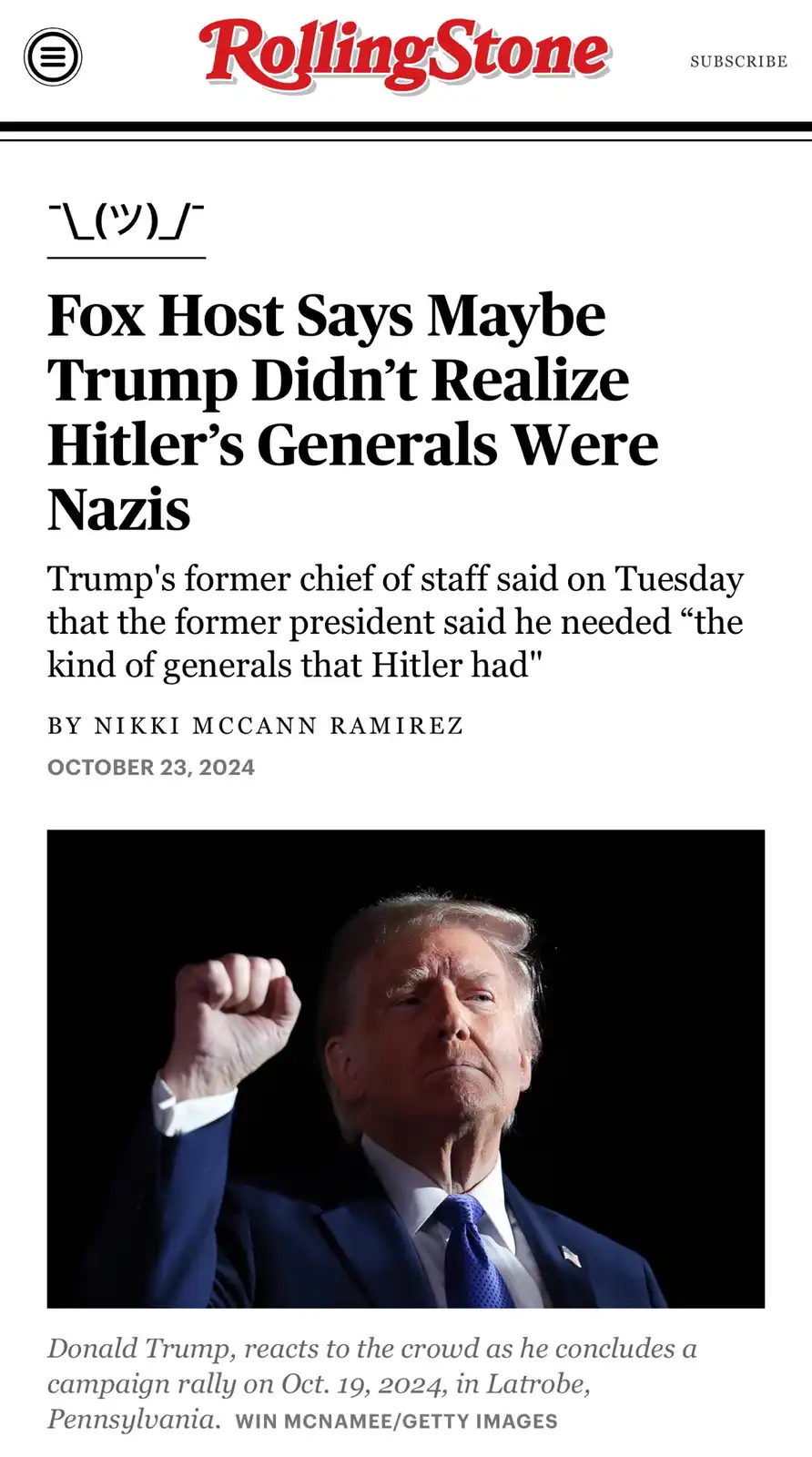 The image displays a Rolling Stone magazine article screenshot featuring a photo of Donald Trump raising his fist. The…