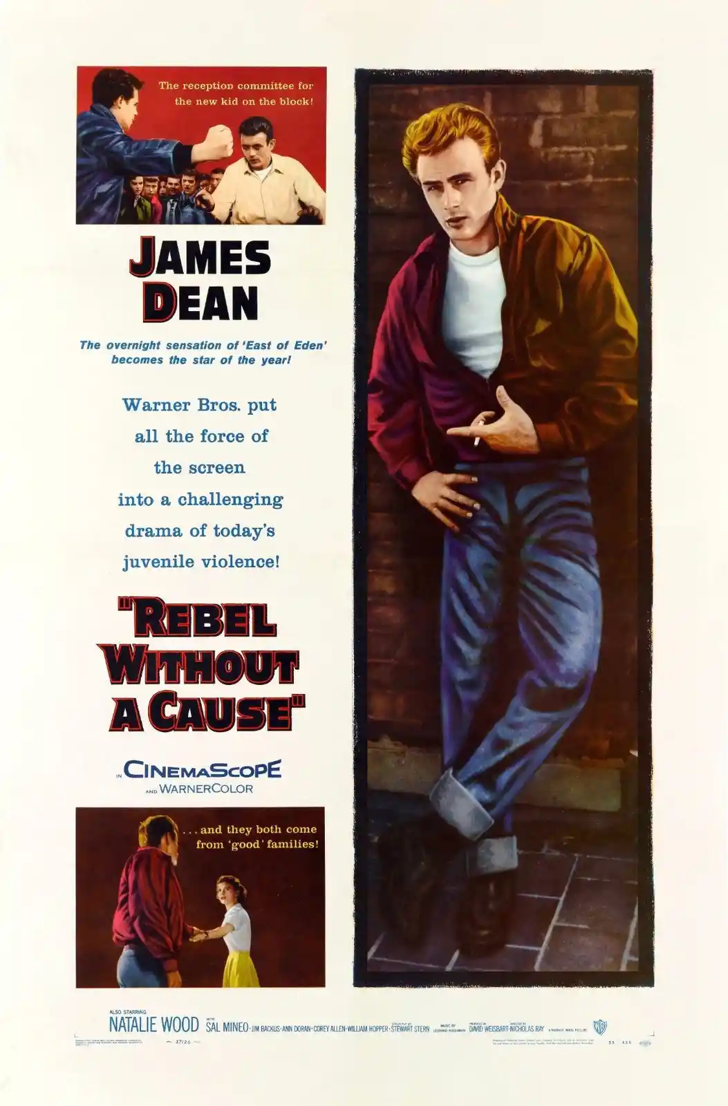 This is a vintage movie poster for 'Rebel Without a Cause' starring James Dean. The poster features a large image of Dean…