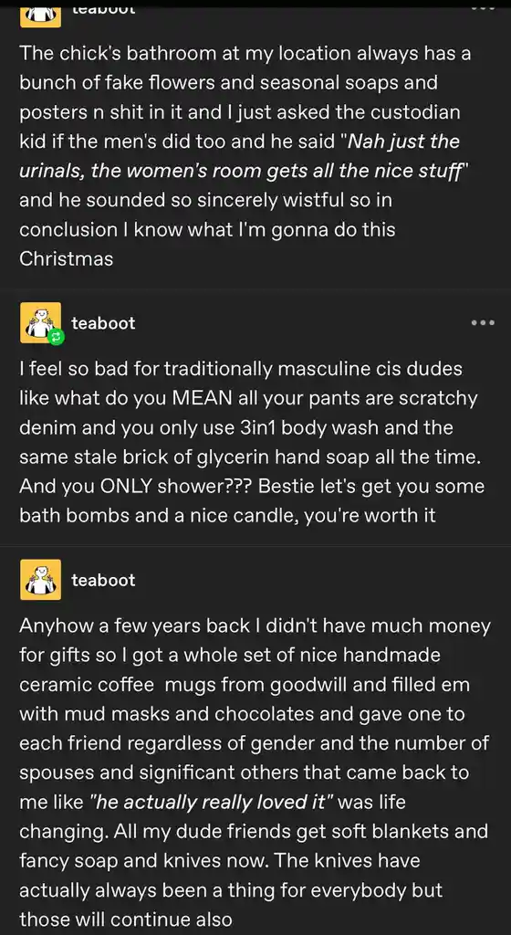 A screenshot of a Reddit comment thread where a user recounts asking a custodian about bathroom amenities, learning that…