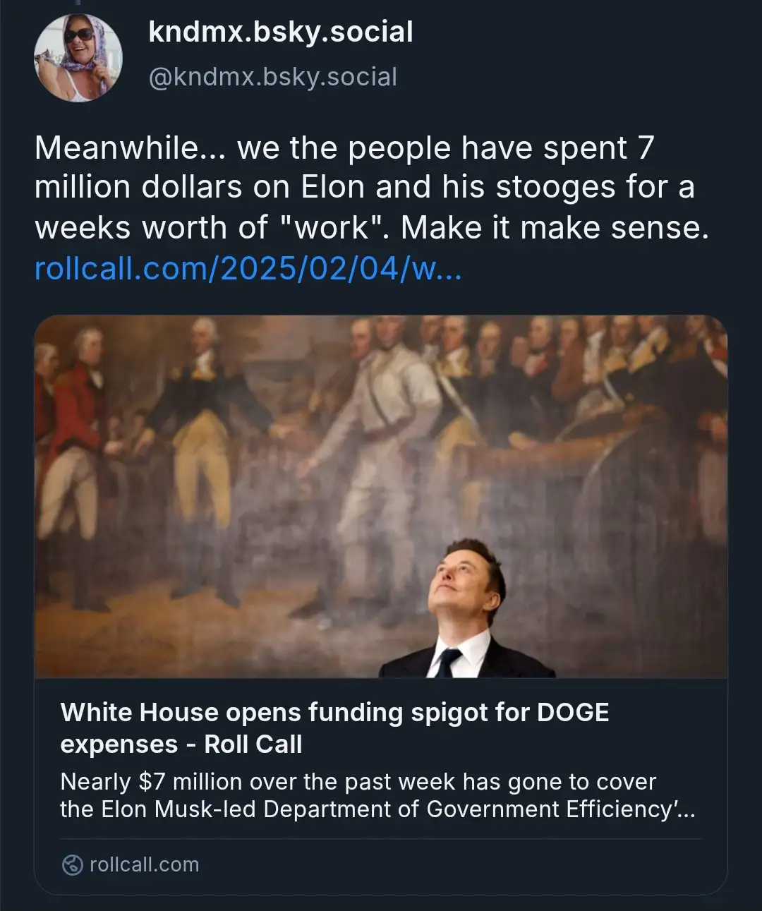 A screenshot of a social media post shows a photo of Elon Musk looking upward in front of a historical painting of Founding…