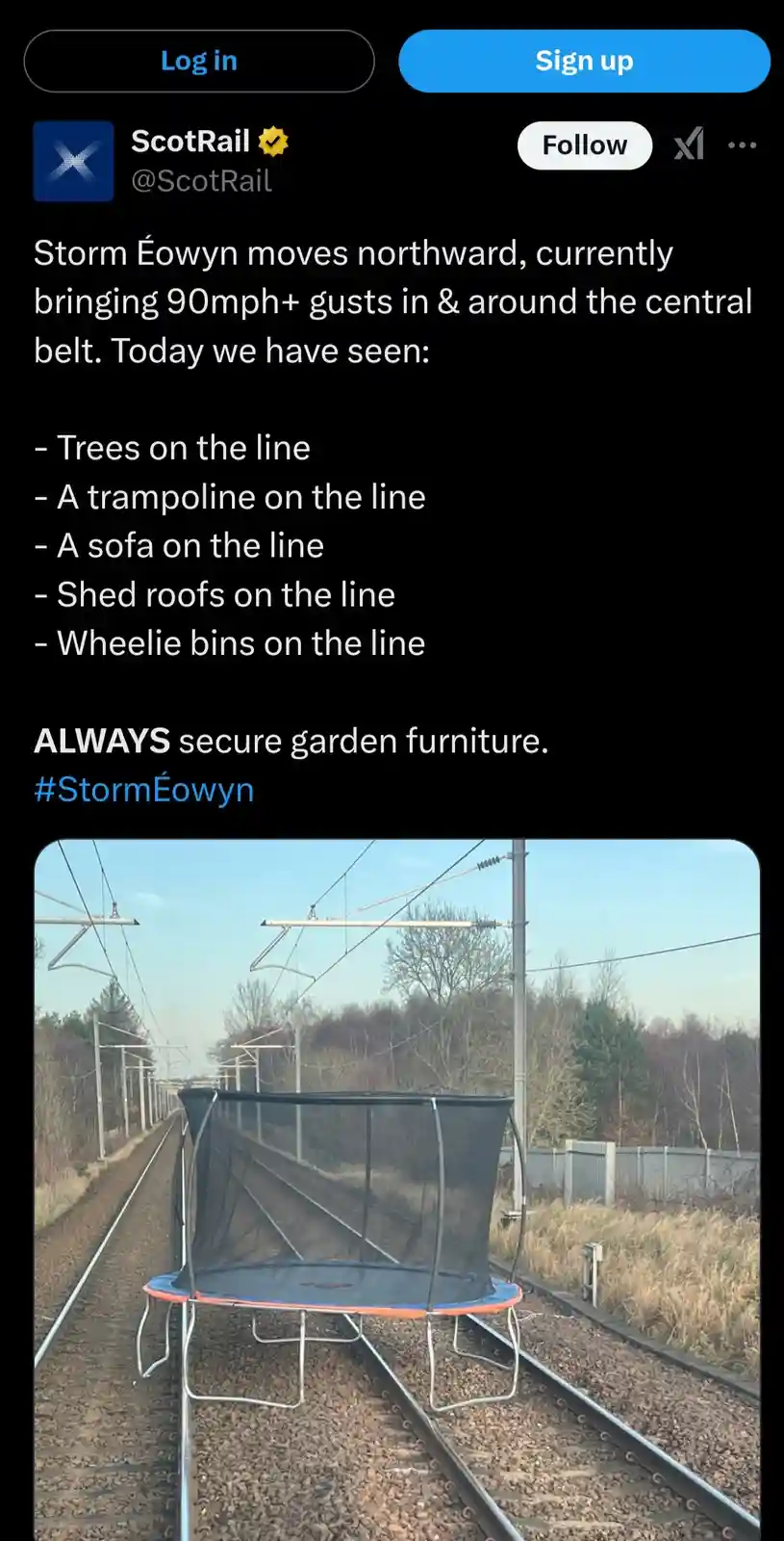 A screenshot of a ScotRail X (Twitter) post detailing storm damage, listing items like trees, a trampoline, and wheelie bins…