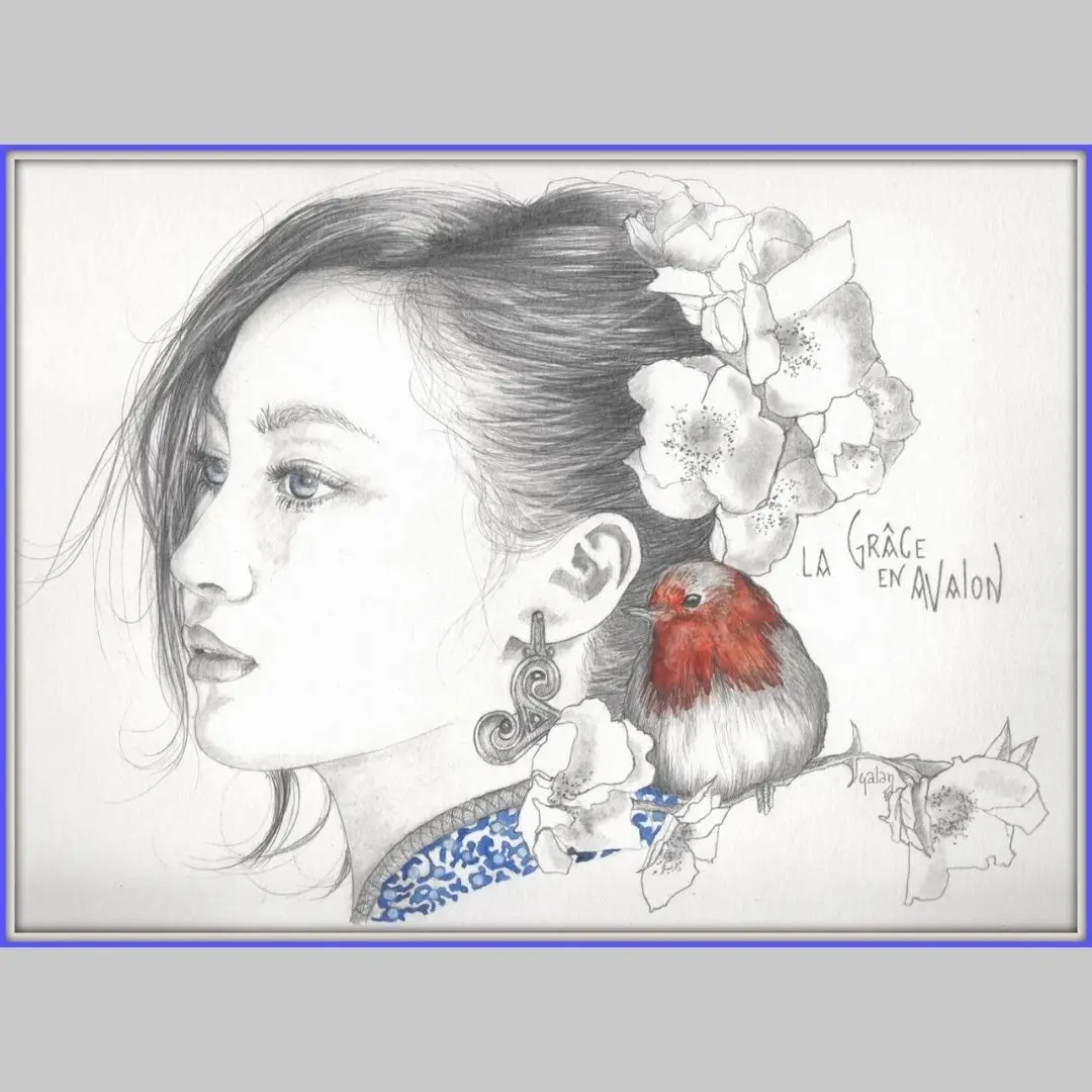 A detailed pencil drawing shows a woman in profile with flowers in her hair and a small red-breasted bird perched on her…