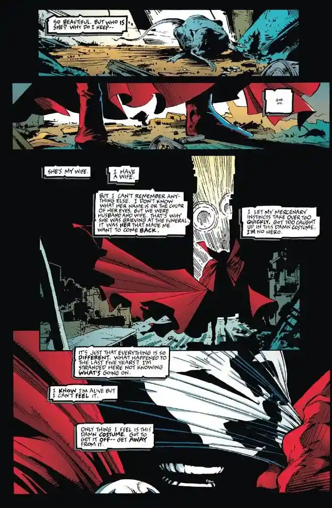 A comic book panel sequence shows a character in a red cape and costume, initially staring at a mouse, then reflecting on…
