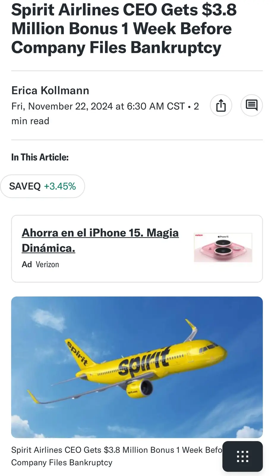 A screenshot of a news article about Spirit Airlines CEO receiving a $3.8 million bonus just before the company files for…
