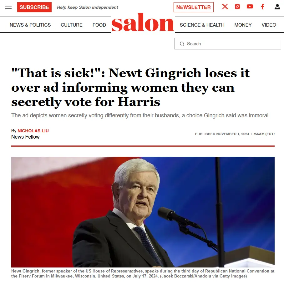 A screenshot of a Salon news article featuring a photo of Newt Gingrich speaking at a podium. The article headline reads…