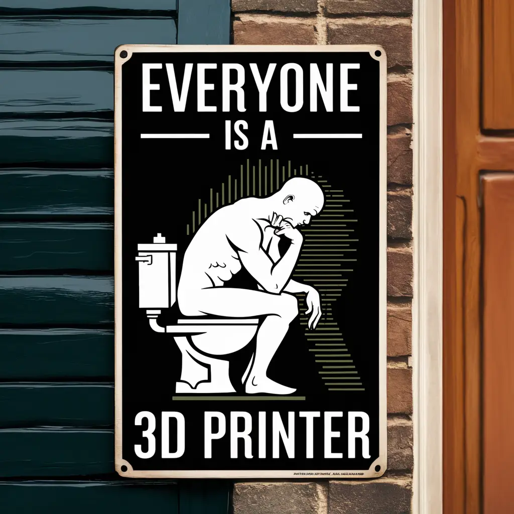 A black metal sign mounted on a brick wall next to a door and dark siding features a white line drawing of Rodin's 'The…