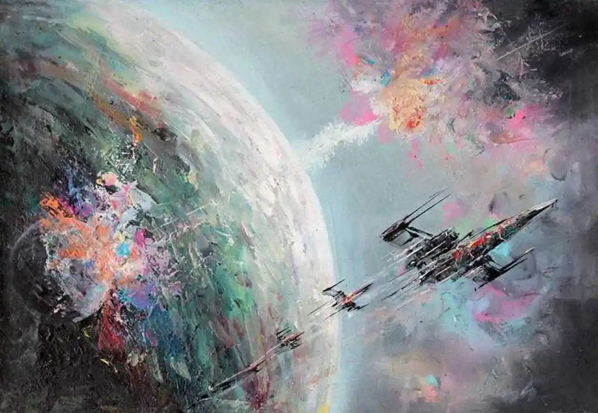 An abstract, painterly space scene depicts several starfighters flying near a large planet with swirling, colorful nebulae…