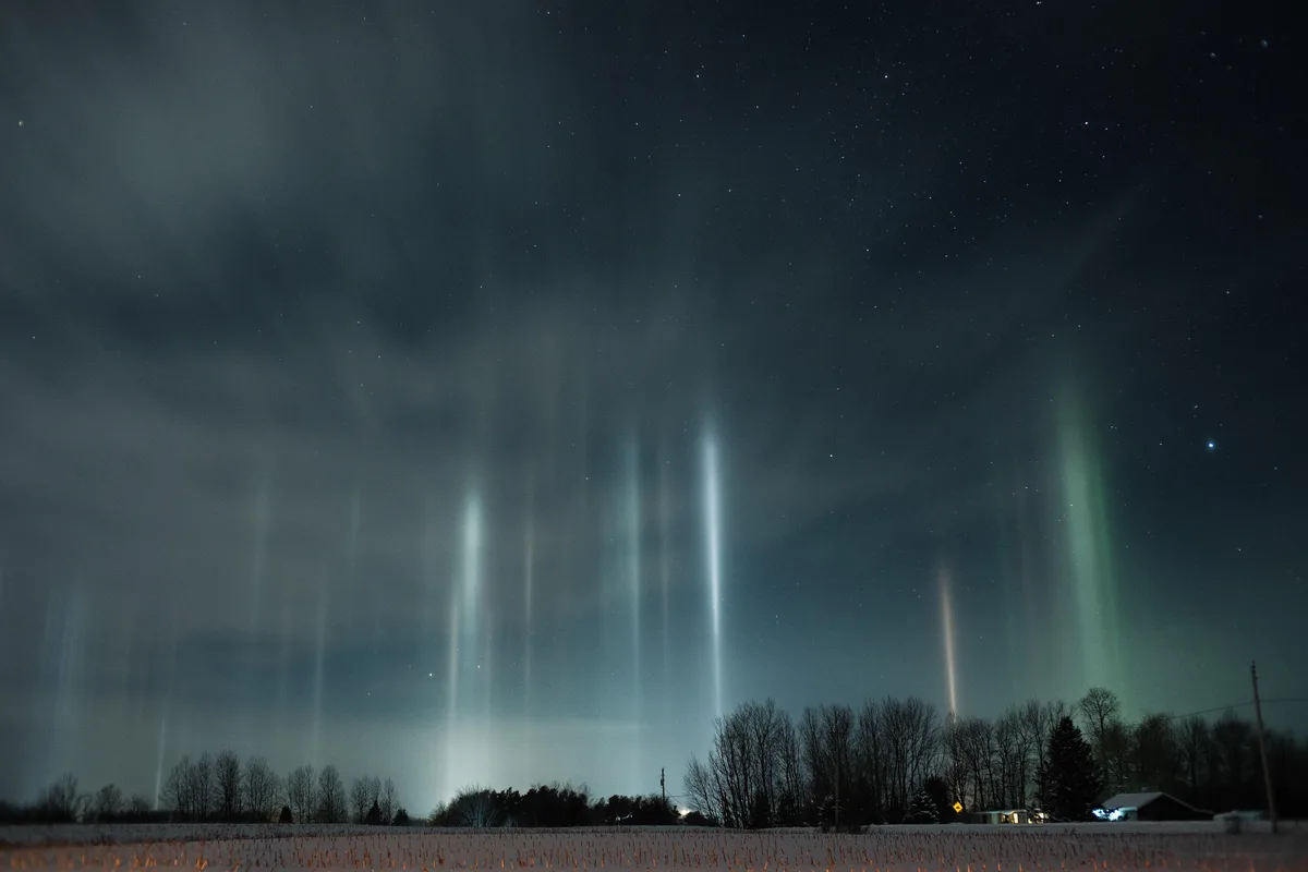 A night sky over a snowy field with bare trees and a distant house, featuring vertical green and white aurora borealis…