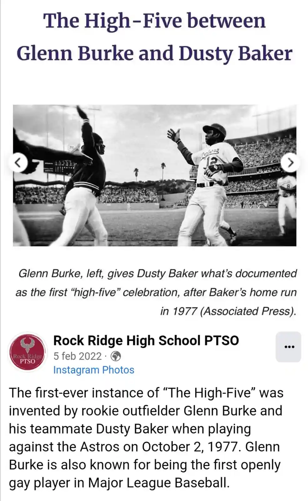 A black-and-white photo shows two baseball players, Glenn Burke (left) and Dusty Baker (right), celebrating with a high-five…