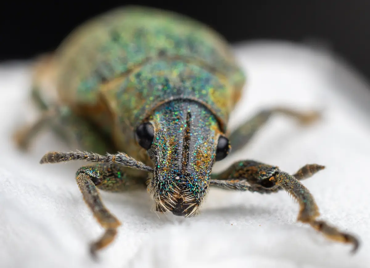 A macro photograph shows a close-up of a weevil with iridescent green and blue exoskeleton, fuzzy antennae, and large black…