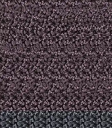 The image shows a repeating pattern of small, stylized purple leaves on a dark background, with a contrasting band of white…