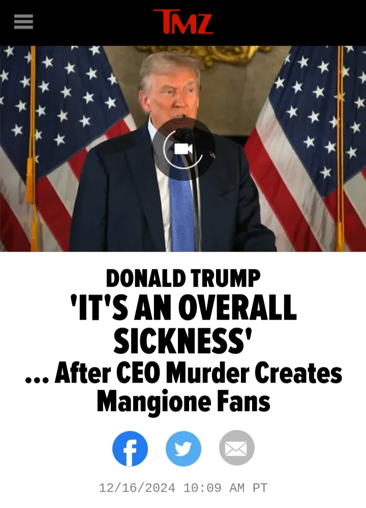 A screenshot of a TMZ news article featuring Donald Trump speaking at a podium with two American flags behind him. The…