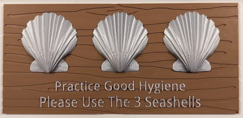 An image shows three identical silver-colored seashells mounted side-by-side on a brown wooden-textured plaque. Below the…