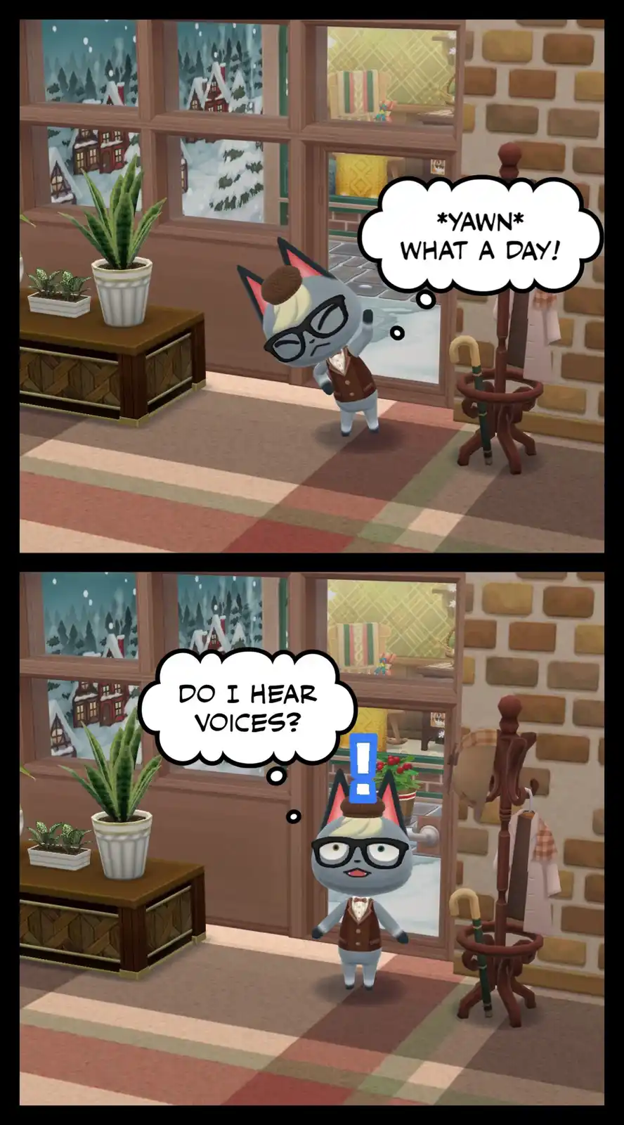 Two panels show a gray cat villager from Animal Crossing yawning and saying 'What a day!' then suddenly looking startled…