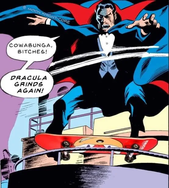 A comic book panel shows the vampire Dracula in a tuxedo and cape, performing a skateboard trick on a rail. He has an angry…