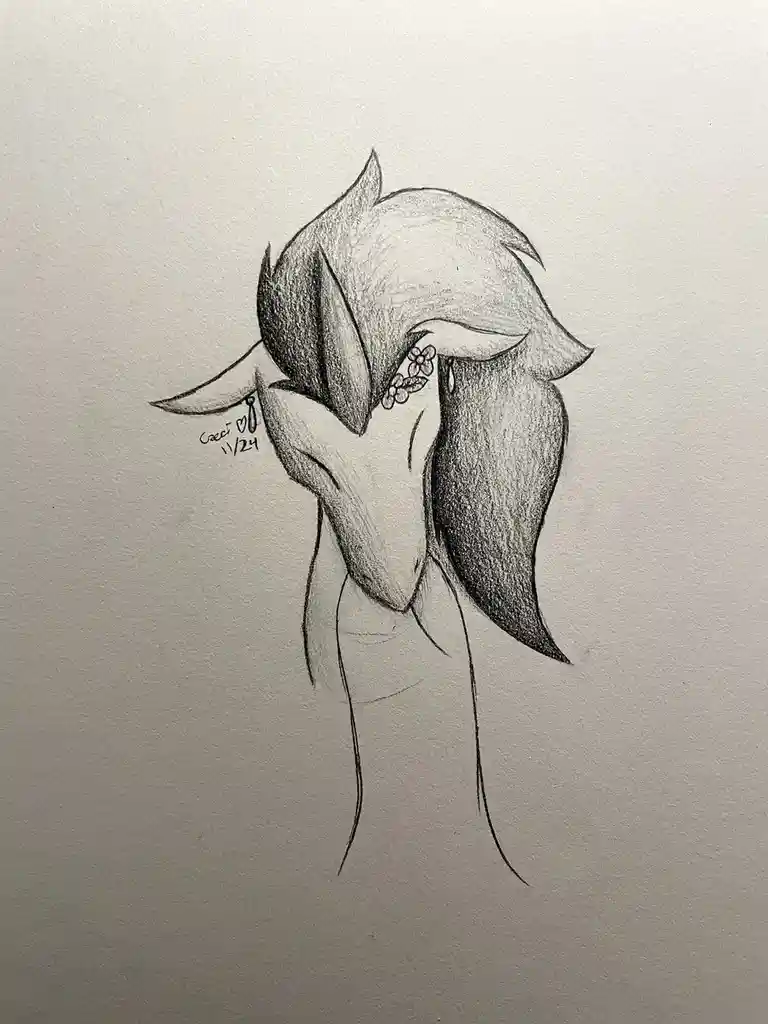 A pencil sketch of an anthropomorphic fox with long hair, wearing a floral headband, and covering its face with its paw. The…