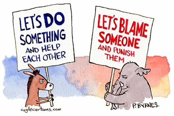 A cartoon depicts a donkey holding a sign that reads 'LET'S DO SOMETHING AND HELP EACH OTHER' while an elephant holds a sign…