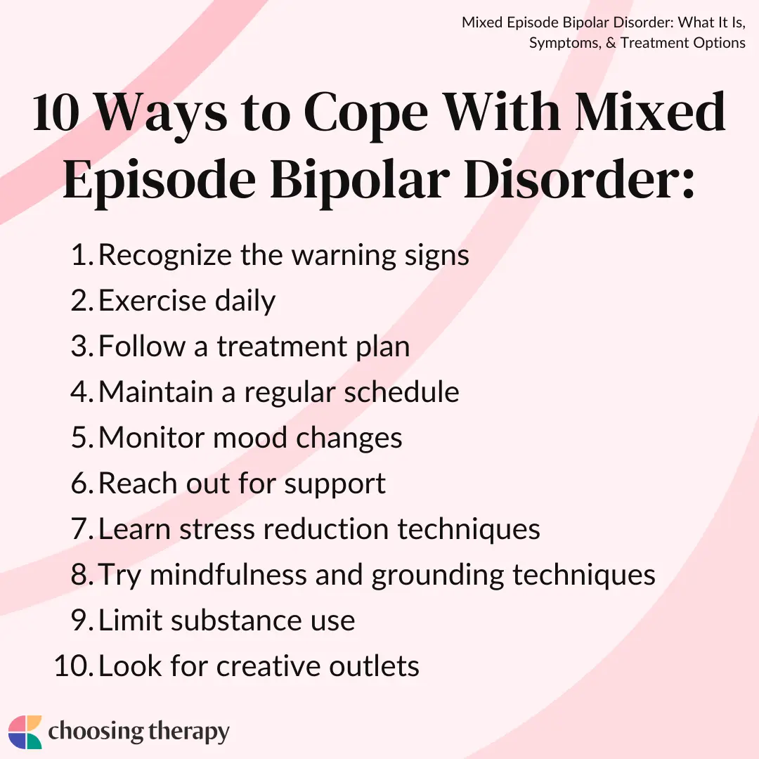 A pink-themed infographic from 'choosing therapy' lists 10 ways to cope with mixed episode bipolar disorder, including…