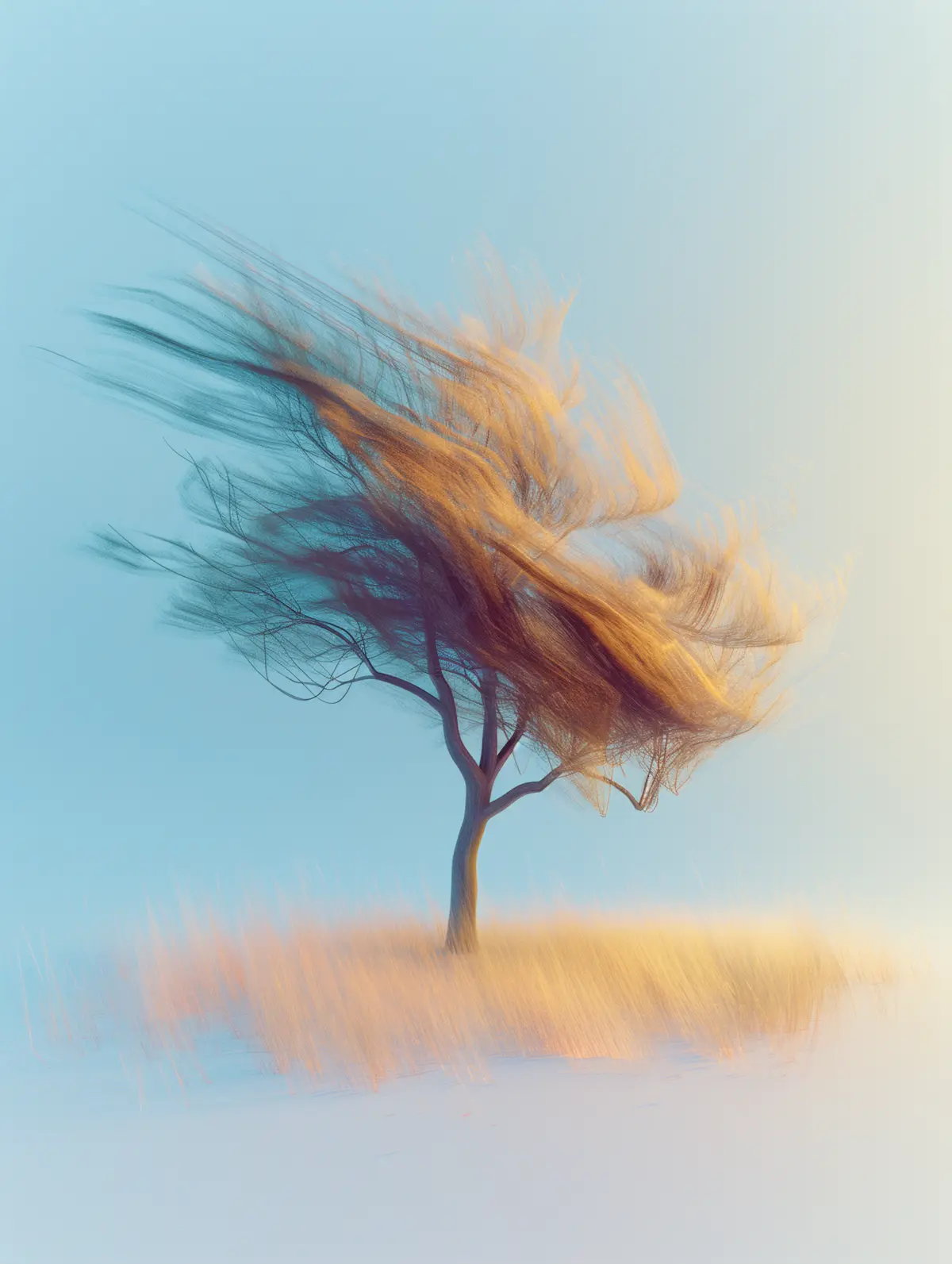 A stylized, solitary tree with branches and leaves rendered as flowing, hair-like strands in warm orange and cool blue…