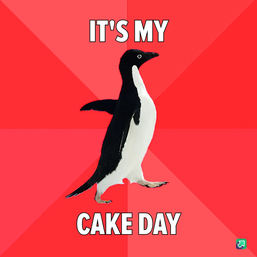 A black-and-white penguin stands centered against a red background with diagonal stripes. White bold text reads 'IT'S MY'…