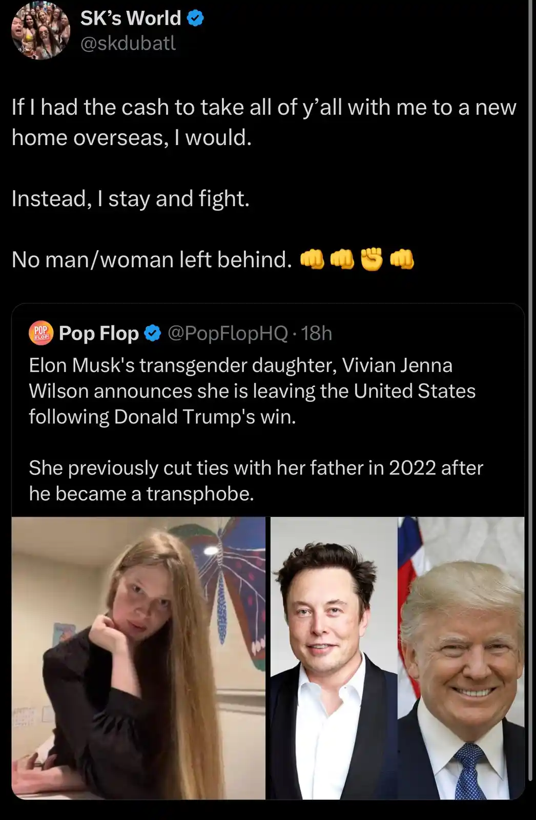 A screenshot of a tweet from 'SK's World' expressing a desire to leave the U.S. with followers, juxtaposed with a tweet from…