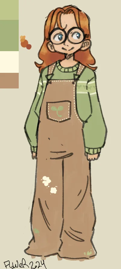 A cartoon girl with red hair and glasses wears brown overalls over a green sweater. The overalls have a small green sprout…