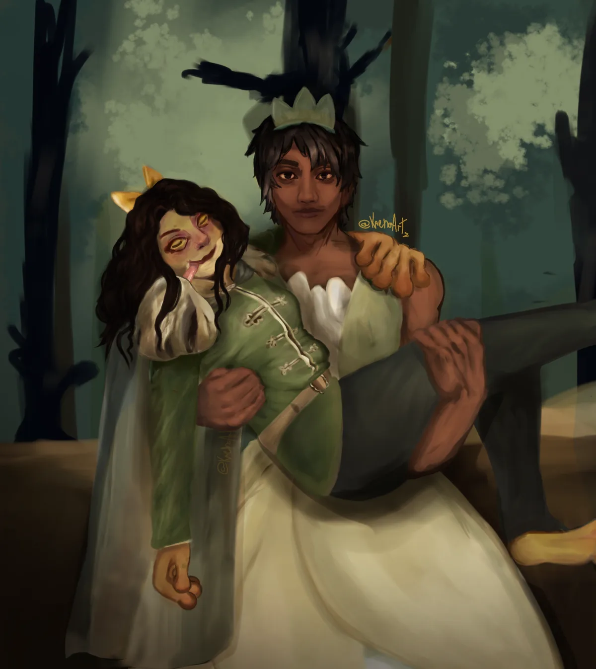 A digital painting depicts a person in a white wedding dress and green jacket holding a zombie-like figure with cat ears and…
