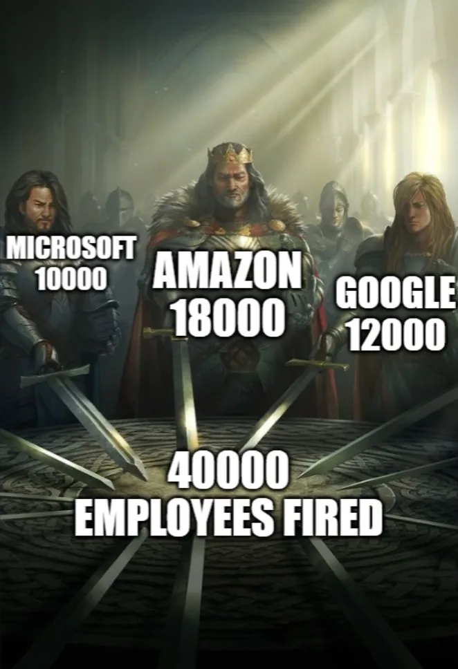 A medieval-style image shows three armored figures, each labeled with a tech company name and number: Microsoft 10000…