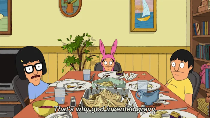 Three panels show Bob's Burgers characters at a Thanksgiving dinner table with turkey and gravy. Tina is in the background…