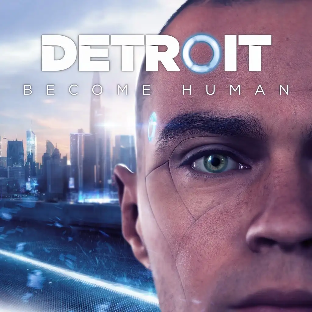 The image shows a close-up of a human-like face with glowing blue circular implants on the forehead and temple, set against…