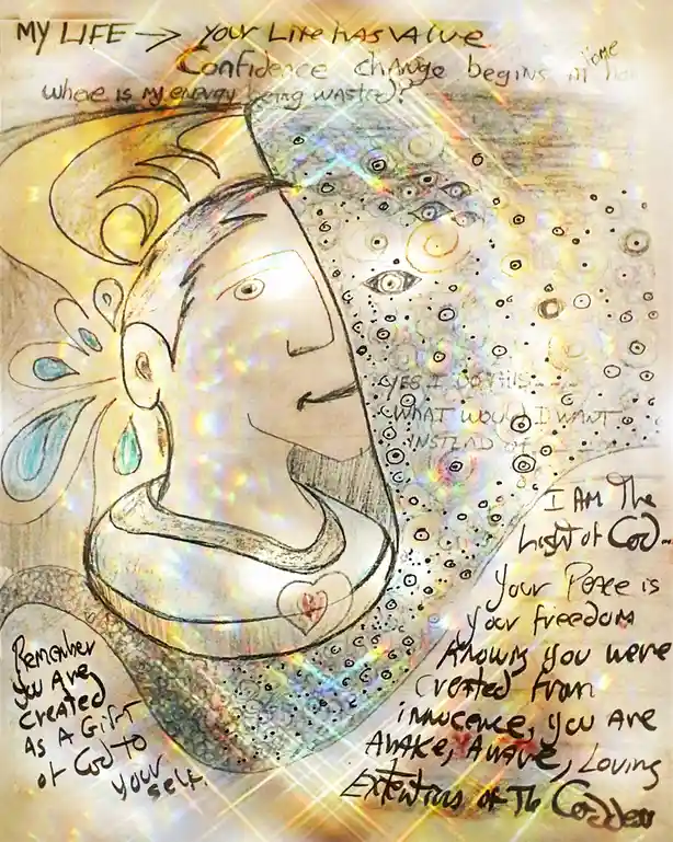 A hand-drawn illustration of a serene, smiling person with a halo-like aura and a heart on their collar, surrounded by…